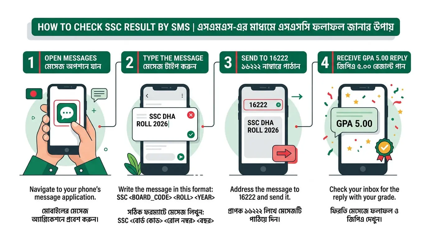 SSC DHA 123456 2026 লিখে 16222 এ পাঠানোর নিয়ম