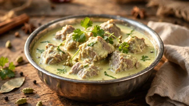 ধাতব বাটিতে পরিবেশিত খাসির মাংসের রেজালা, মাংসের টুকরার ওপরে ধনেপাতা ছড়ানো
