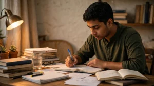 টেবিলে খাতা ও বই ছড়িয়ে বসে হাতে কলম দিয়ে নোট লিখছেন একজন শিক্ষার্থী
