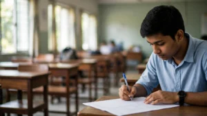 পরীক্ষার হলে শ্রেণিকক্ষে বসে মনোযোগ দিয়ে উত্তরপত্রে লিখছেন একজন শিক্ষার্থী