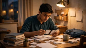 লাইব্রেরির টেবিলে বই খুলে মনোযোগ দিয়ে পড়াশোনা করছেন একজন শিক্ষার্থী