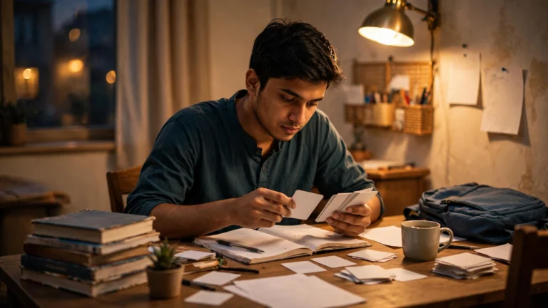 লাইব্রেরির টেবিলে বই খুলে মনোযোগ দিয়ে পড়াশোনা করছেন একজন শিক্ষার্থী